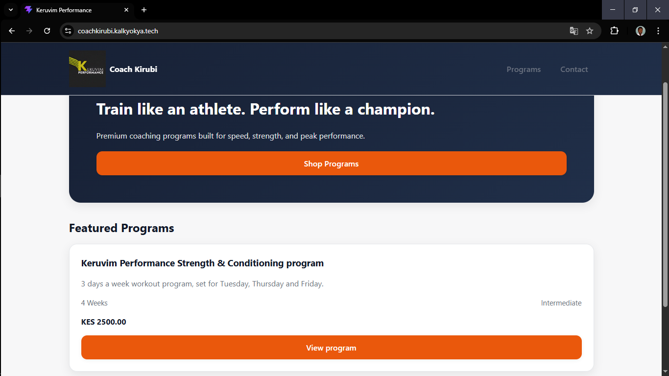 A screenshot of Coach Kirubi's online shop's home page.